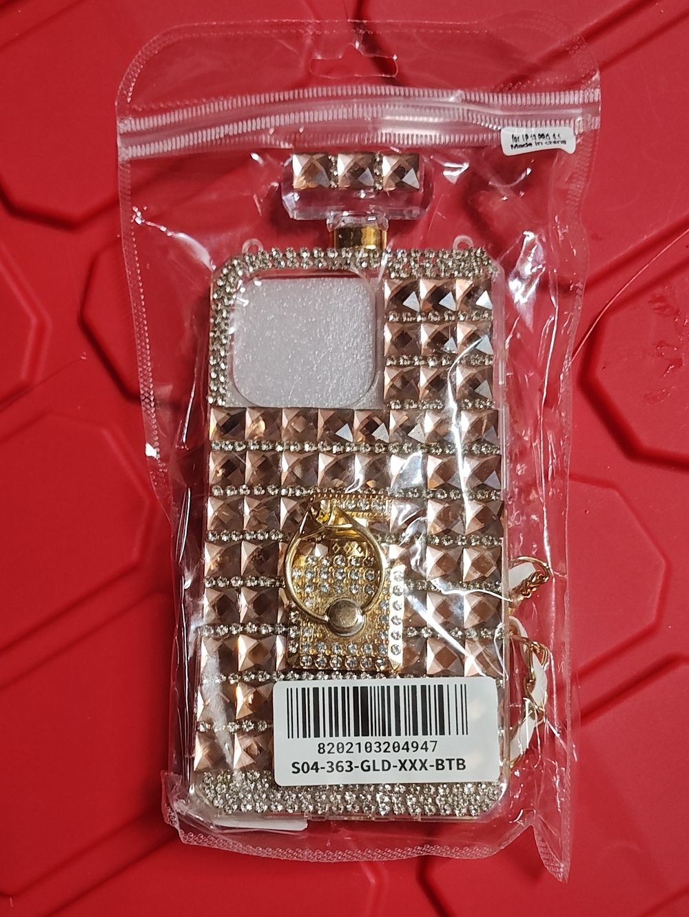 iPhone 13 Pro Gold Studded Perfume Bottle Style Phone Case with Rhinestones